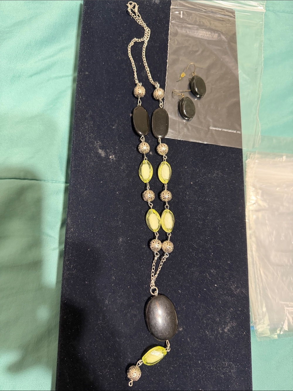 Handcrafted Black and Lime Beaded Long Necklace and Earring Set